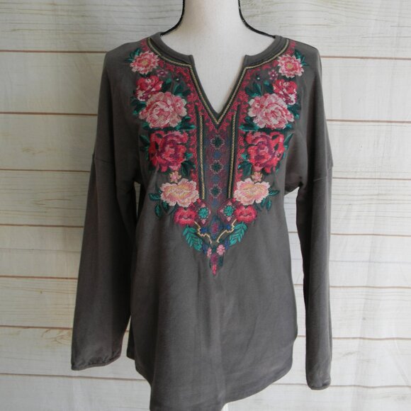 ANDREE BY UNIT GRAY LONG SLV SOFT EMBROIDERED BOHO TOP SZ S - Picture 1 of 4